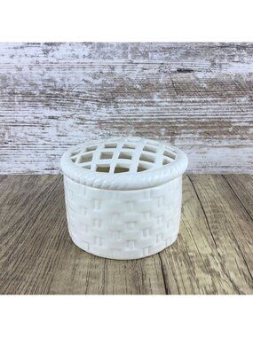 White Ceramic Basketweave Design Flower Frog Vase Potpourri Dish with Lid